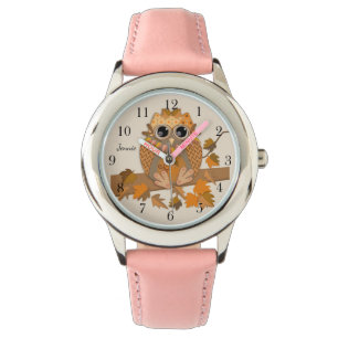 Montre Petit hibou d'automne avec un nom personnalisé et