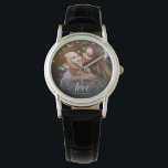 Montre Photo de Custom Elegant Calligraphy Couple Wedding<br><div class="desc">Elegant wedding keepsake for Newlyweds,  Valentine's Day,  engagement,  showcasing your favorite ct beau couple photo with script calligraphy reading LOVE over your custom text like names and / or date or a personal over a dark gradient to make the typographiy out .</div>
