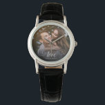 Montre Photo de Custom Elegant Calligraphy Couple Wedding<br><div class="desc">Elegant wedding keepsake for Newlyweds,  Valentine's Day,  engagement,  showcasing your favorite ct beau couple photo with script calligraphy reading LOVE over your custom text like names and / or date or a personal over a dark gradient to make the typographiy out .</div>