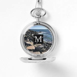 Montre Photo Ocean Waves and Rocks Initial Black