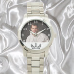 Montre Photo personnalisée numéro 1 un père<br><div class="desc">Modèle pour votre propre photo du meilleur père,  papa dans le monde. Cadre blanc avec texte noir. Chiffres blancs de 8 à 4. Un cadeau d'anniversaire ou de Noël pour votre père. Une couronne noire classique et le numéro 1.</div>