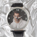 Montre Photo personnalisée père blancs<br><div class="desc">Modèle pour votre propre photo du meilleur père,  papa dans le monde. Chiffres blancs.</div>