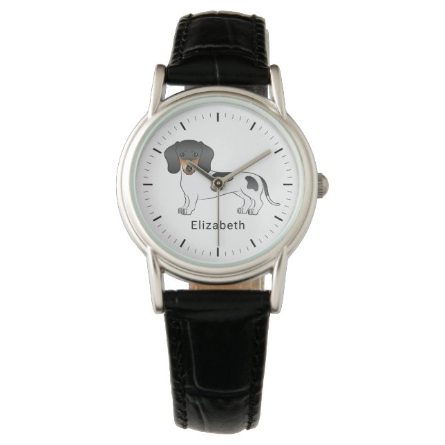 Montre Piebald Noir Et Tan Cheveux Courte Dachshund & Nom (devant)