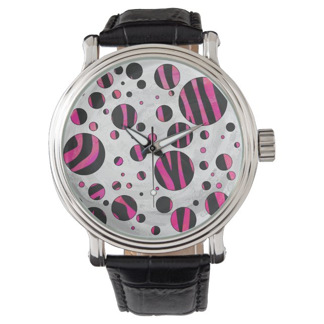 Montre Piloka Dot Zebra noir et rose chaud (devant)