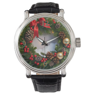 Montre Pin à couronne de Noël Neige à ruban rouge