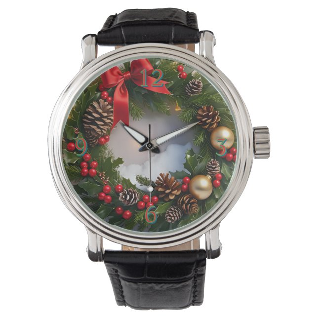 Montre Pin à couronne de Noël Neige à ruban rouge (devant)