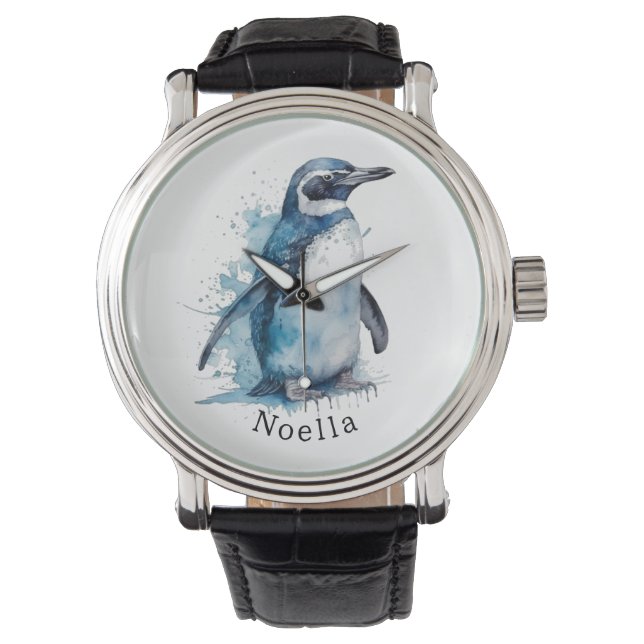 Montre Pingouin d'aquarelle Arctique, personnalisé (devant)