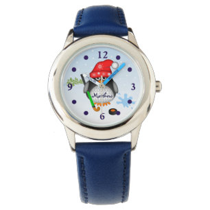 Montre Pingouin mignon d'hockey avec le nom fait sur
