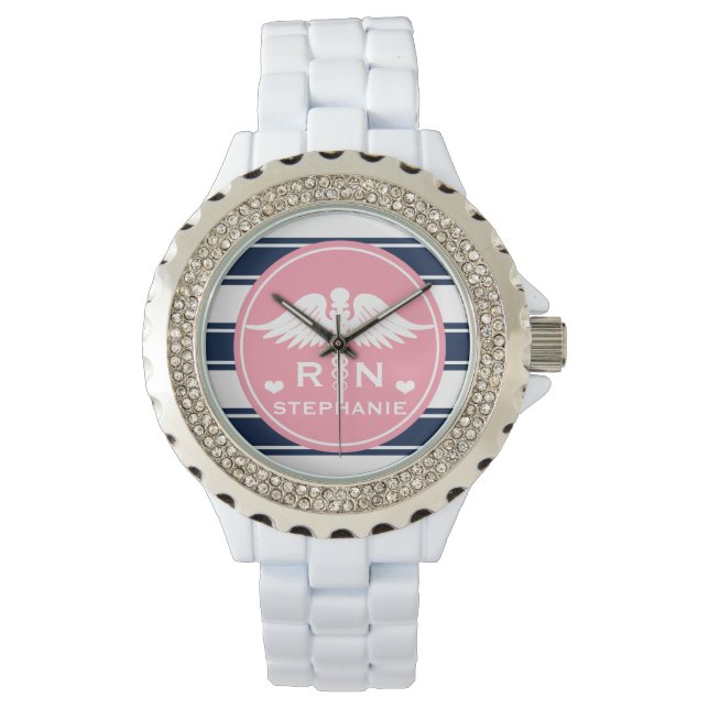 Montre Pink and Navy Stripe Caduceus RN Nurse (devant)