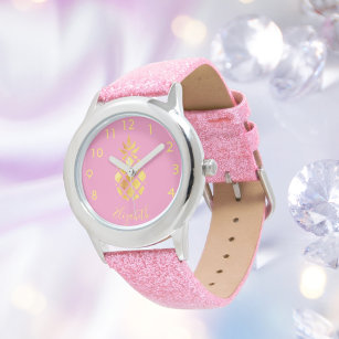 Montre Pink or ananas nom script fille tropicale