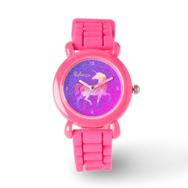 Montre Pink Purple Unicorn Parties scintillant Nom de la  (Recto)