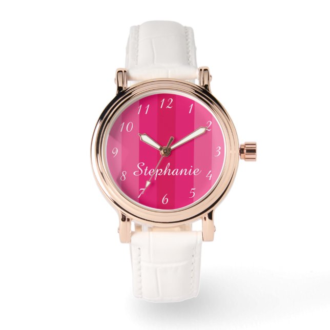 Montre Pink Stripe Name Classy Rose Gold White Band Wrist (Recto)