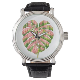 Montre Pink Tartan Scottish Monstera Watercolour Botanic