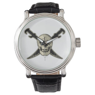 Montre Pirate (Crâne) - Cuir Vintage noir personnalisé 