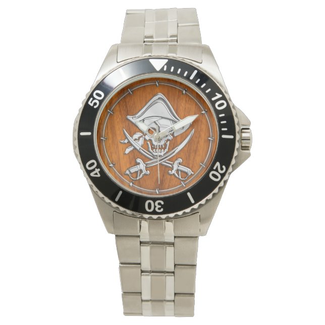 Montre Pirate en argent Chrome sur Décor de placage en te (devant)
