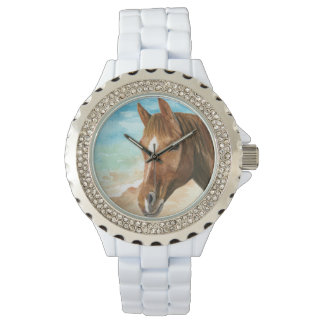Montre Plage d'aquarelle de cowgirl côtière et cheval