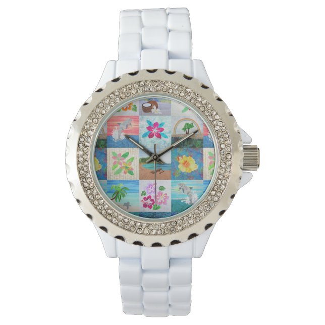 Montre Plage de Dolphins Fleurs tropicales Hawaii Watch (devant)