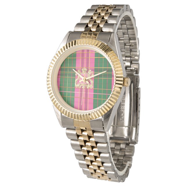 Montre Plaid classique rose et vert avec monogramme perso (Incliné)