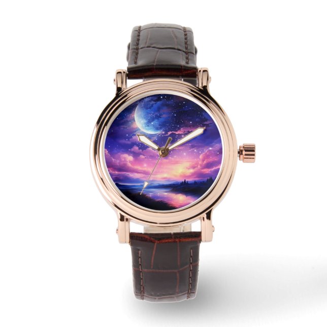 Montre Pleine lune Céleste Étoiles Nuages Mystique Violet (Recto)