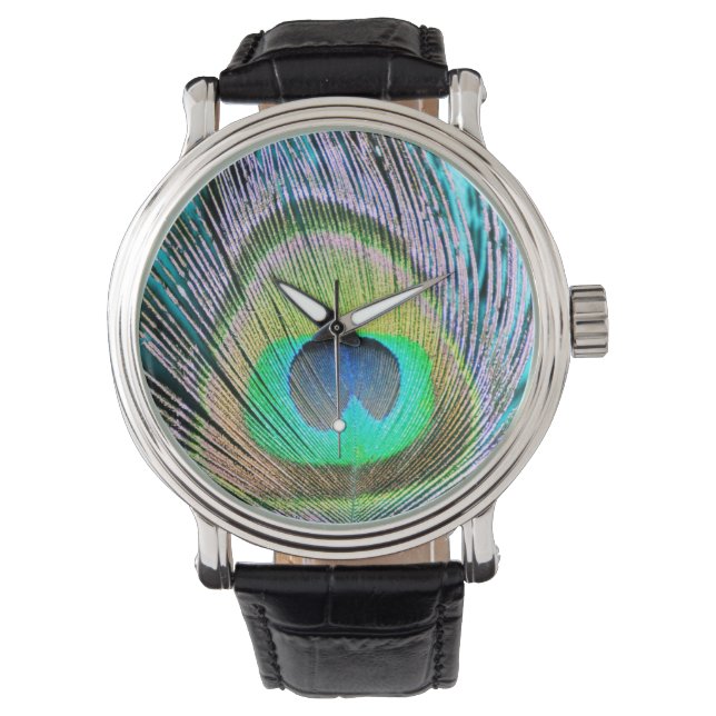 Montre Plume de paon sur Turquoise (devant)