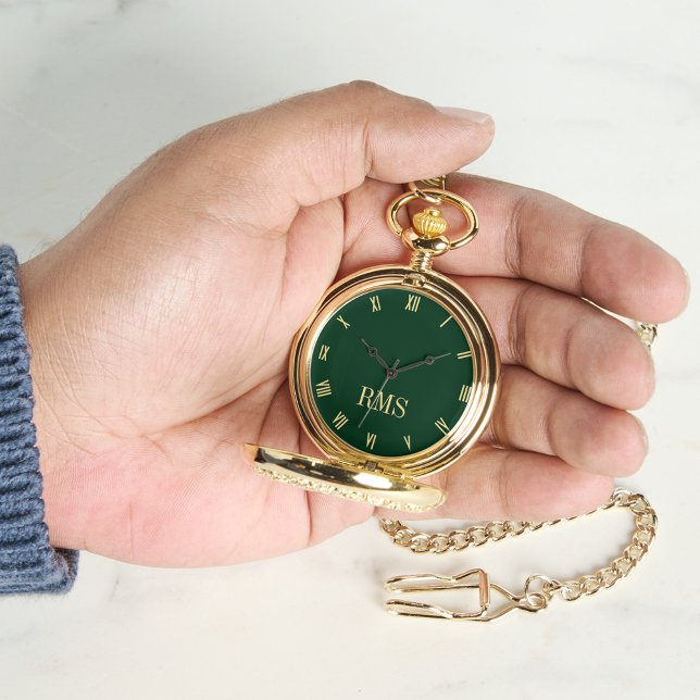 Montre Poche Classic Retro Monogramme Gold Forest Green (Forest Green Gold Monogrammed Classic Retro Pocket Watch)