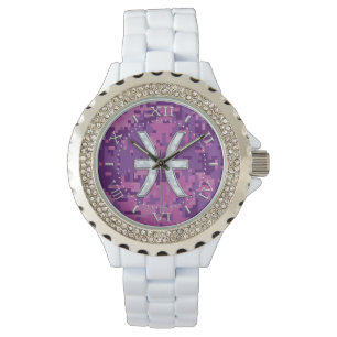 Montre Poissons Zodiac sur Fuchsia Pink Camouflage Dial