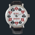 Montre Poker Casino Gambler Card Costumes Nom Personnalis<br><div class="desc">Cette montre à bracelet à thème poker cool / casino a des costumes de carte rouge et noir dans un cercle avec des numéros stylisés, modernes de montre en blanc. Les pique-niques, trèfle, coeur et diamants entourent le centre, où vous pouvez utiliser le modèle facile pour ajouter votre nom ou...</div>