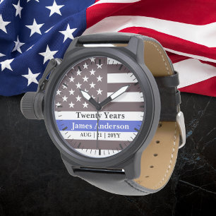 Montre Police Retraite Watch Mince Ligne Bleue Drapeau US
