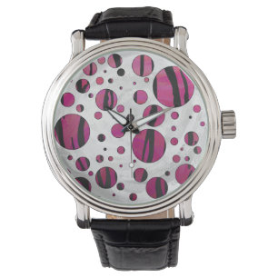 Montre Polka Dot Tiger rose chaud et noir