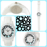 Montre Polka-dots rétro moderne bleu blanc et noir<br><div class="desc">Personnalisez cette montre à pois de style rétro moderne et amusante avec un Nom ou votre propre texte dans la bordure circulaire de cercles bleu turquoise et blanc dégradé sur le noir. Cette image est une photographie originale de JLW_PHOTOGRAPHY.</div>