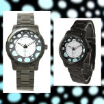 Montre Polka-dots rétro moderne bleu blanc et noir<br><div class="desc">Personnalisez cette montre à pois de style rétro moderne et amusante avec un Nom ou votre propre texte dans cette bordure de cercles bleu turquoise et blanc dégradé sur le noir. Cette image est une photographie originale de JLW_PHOTOGRAPHY.</div>
