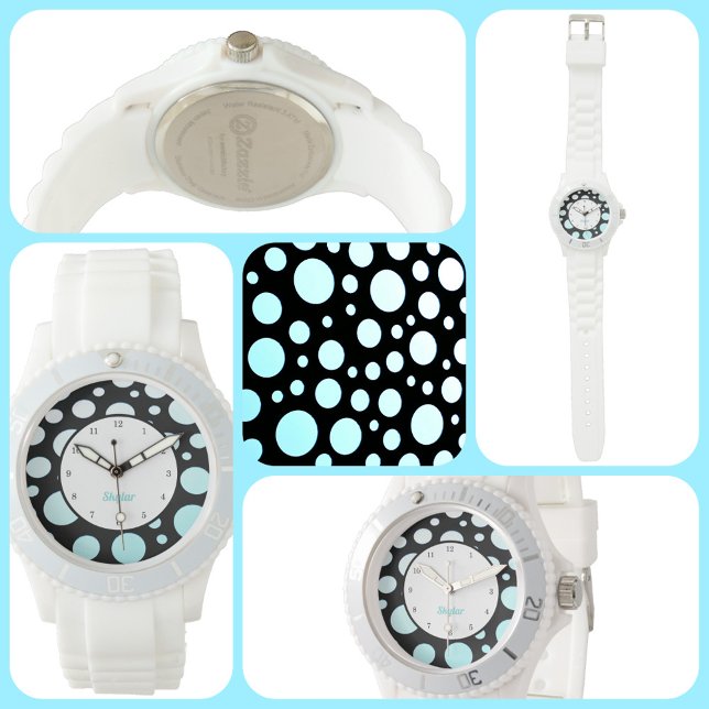 Montre Polka-dots rétro moderne bleu blanc et noir (Créateur téléchargé)