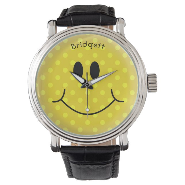 Montre Polka Jaune Personnalisé Point Joyeux Visage (devant)