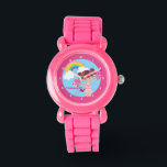 Montre Pom-pom girl rose mignon Personnalisé Cheerled Enf<br><div class="desc">Une montre à l'effigie, avec une fille qui saute avec des poms de pom rose et blanc sous un arc-en-ciel dans le ciel bleu. Customisez ceci avec le nom de votre futur meneur.</div>