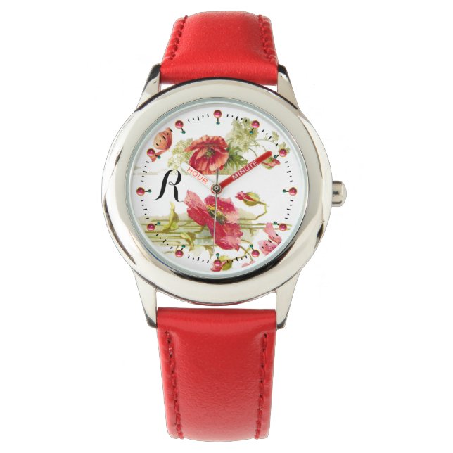 Montre POPIES Rouge Blanc Floral Monogramme (devant)