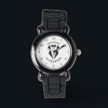 Montre Porte-anneau personnalisé Tuxedo noir blanc<br><div class="desc">Une montre à bracelet en saké pour le porteur d'anneau dans votre mariage,  avec une illustration noire d'un smoking encadré par les mots "porteur d'anneau" et le prénom de l'enfant en noir incurvé.</div>