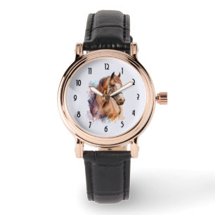 Montre Portrait de tête de cheval brun à l'aquarelle