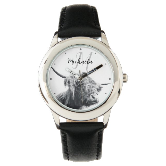 Montre Portrait de vache Highland premier monogramme noir (devant)