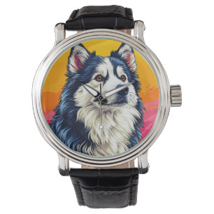 Montre Portrait élégant de Husky avec coucher de soleil v
