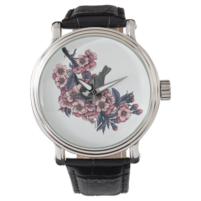 Montre Poulet sur une branche de cerise en fleurs (devant)