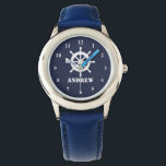 Montre pour enfant nautique avec petite roue et no<br><div class="desc">Montre pour enfant nautique avec logo et nom de petite roue de bateau. Montre personnalisée personnalisée avec le nom de l'enfant ou les lettres monographiques. Joli chronomètre à thème maritime design d'horloge pour les petits garçons fête d'anniversaire. Faites-en un pour petit fils marin, petit-fils skipper, petit-enfant, neveu de premier partenaire,...</div>