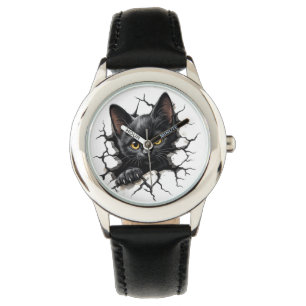Montre pour enfants avec illustration de chat noir