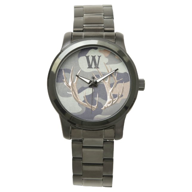 Montre pour homme avec bois de cerf sur fond gris (devant)