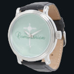 Montre Première Communion sainte, Script en vert tendre<br><div class="desc">Ce doux cadeau vert, souvenir et cadeau est bon pour féliciter le jeune garçon ou la jeune fille pour leur première sainte communion.</div>