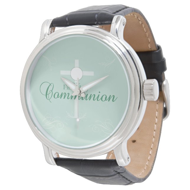 Montre Première Communion sainte, Script en vert tendre (Incliné)