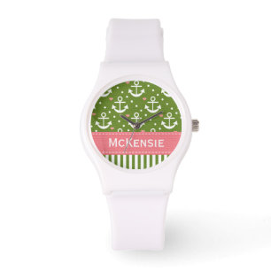 Montre Préppy rose et vert Ancre nautique