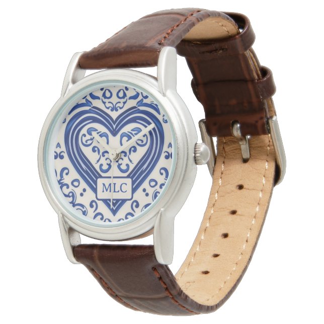 Montre Pretty Blue and White Heart Pottery - ses initiale (Incliné)