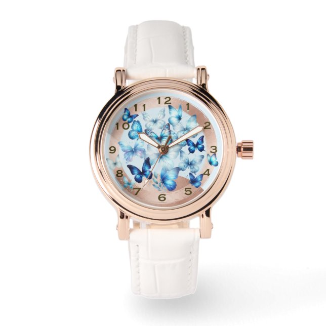 Montre Pretty Rose Gold Look Blue Butterfly eWatch Watch (Recto)