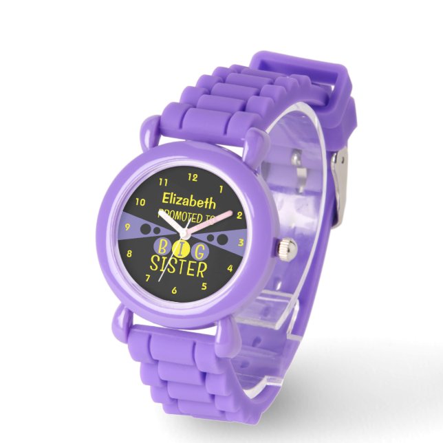 Montre Promu au nom de grande soeur jaune violet (Angle)