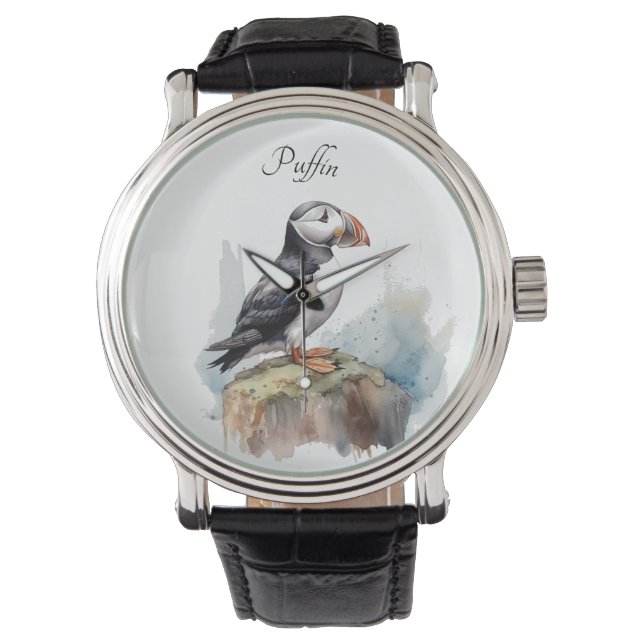 Montre Puffin sur une aquarelle rocheuse, personnalisé (devant)